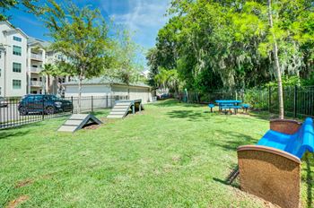 A large grassy area with a picnic table and benches